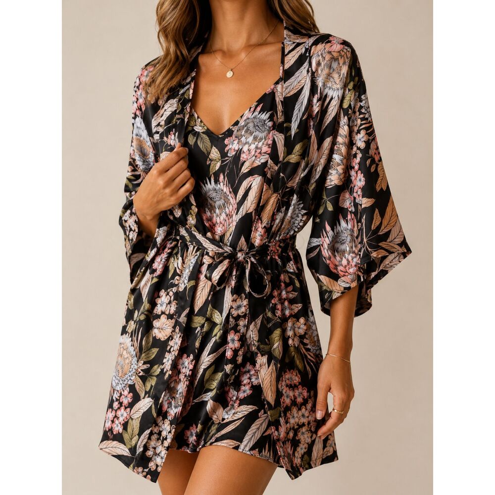 Midnight Bakery Floral Satin Kimono Robe & Slip Nightgown Set XS/S Black Pink